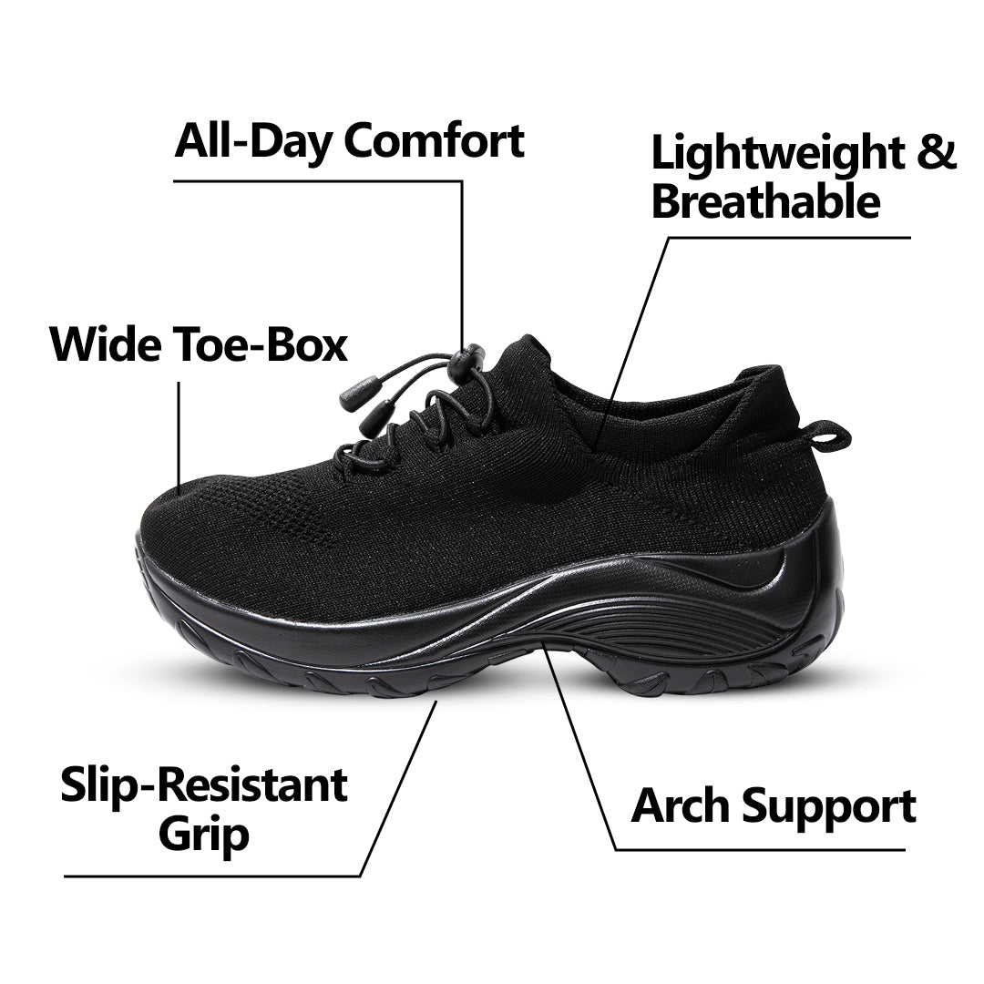 Women's Ortho Stretch Cushion Shoes for Arch Support and All-Day Walking Comfort - Midnight Black