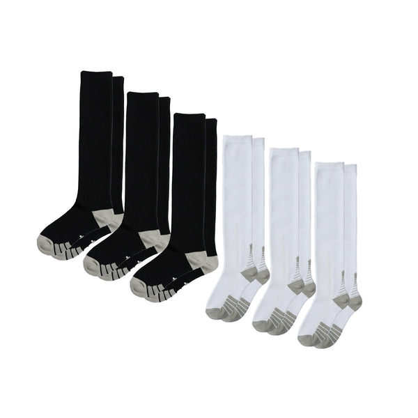 6-Pack Black & White Compression Socks for Work, Travel and All-Day Leg Support