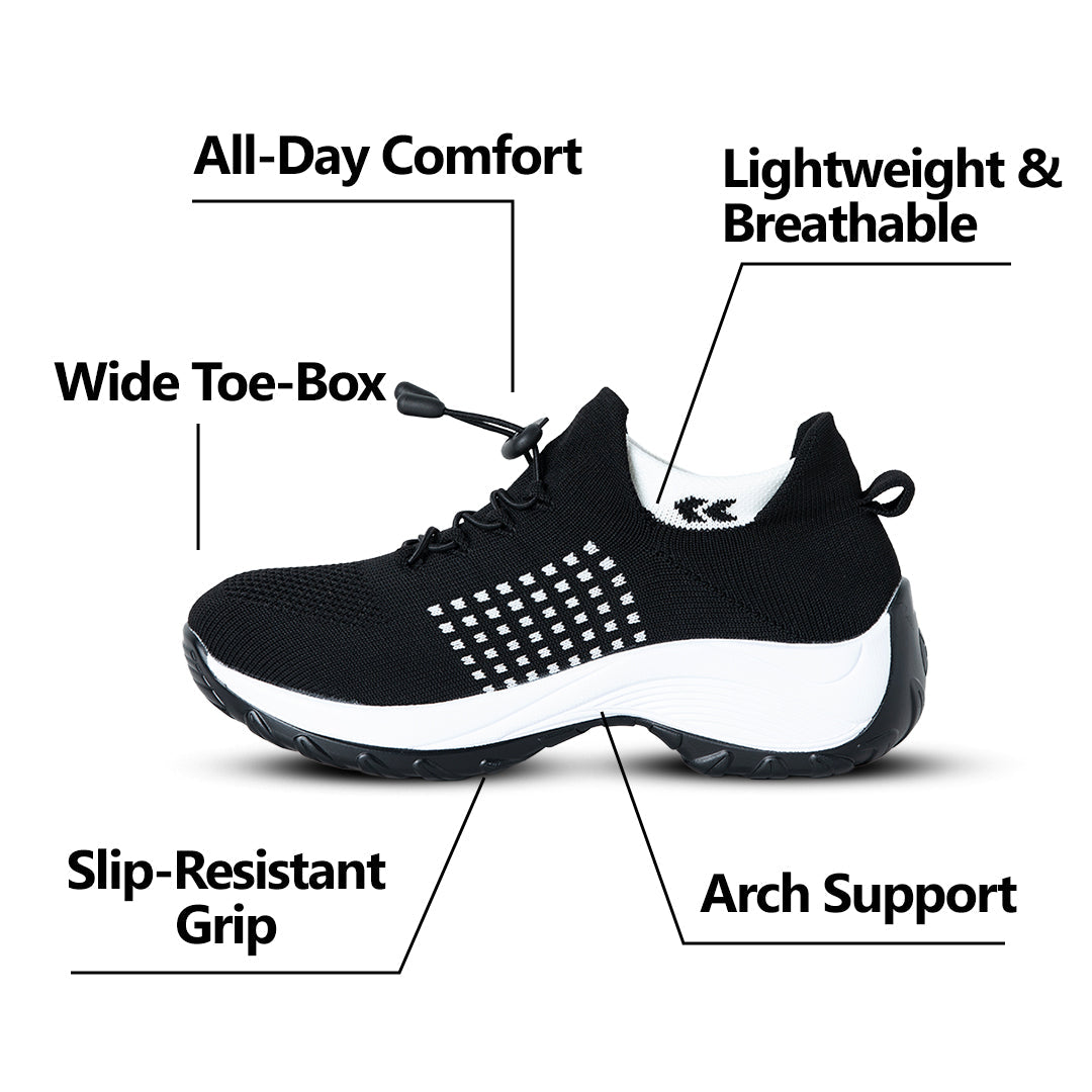 Women's Ortho Stretch Cushion Shoes for Arch Support and All-Day Walking Comfort - Black White