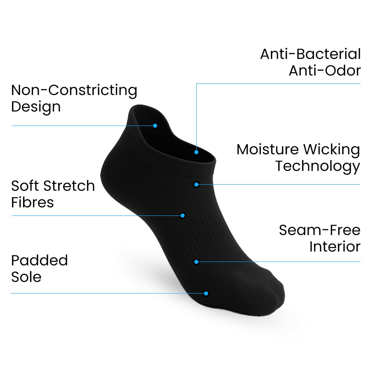 Padded Extra-Stretch Ankle Socks for Wide Feet, Swelling and All-Day Comfort - Black