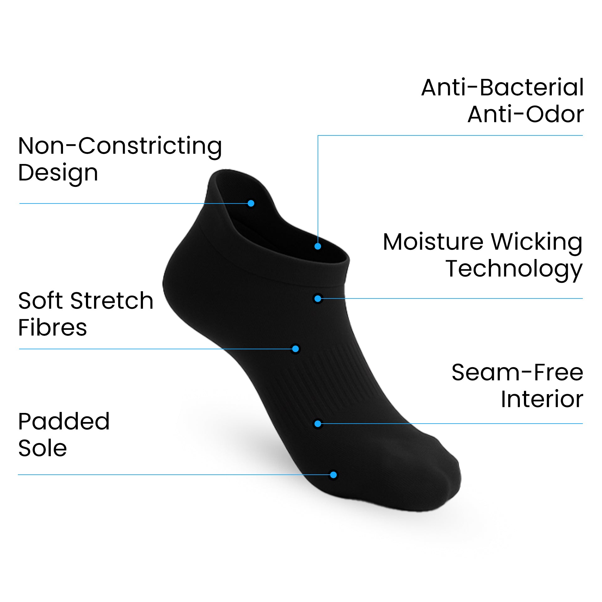 Padded Extra-Stretch Ankle Socks for Wide Feet, Swelling and All-Day Comfort - Black