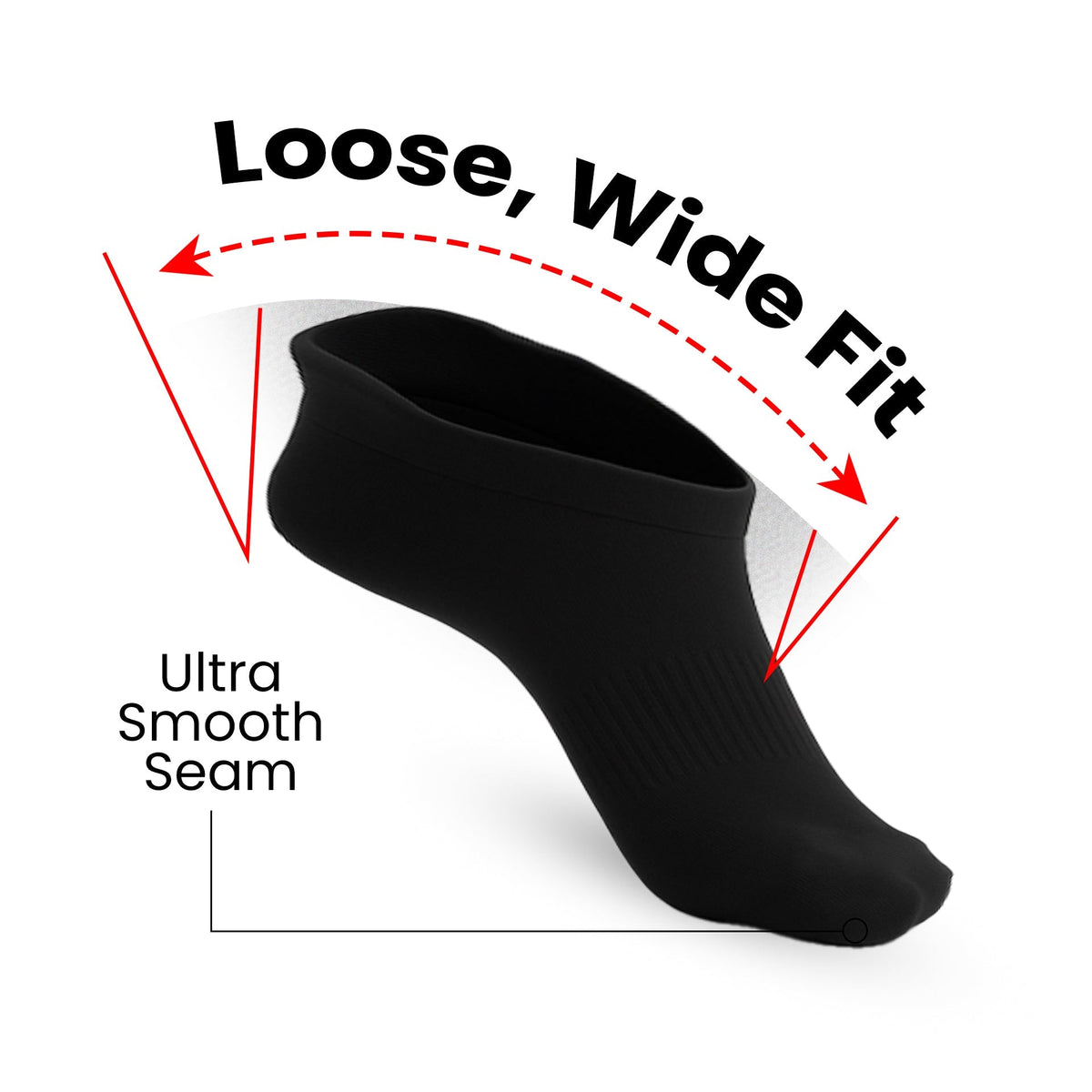 Padded Extra-Stretch Ankle Socks for Wide Feet, Swelling and All-Day Comfort - Black