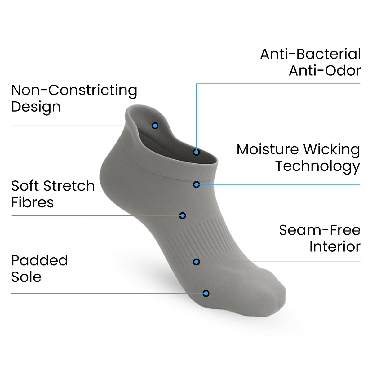 Padded Extra-Stretch Ankle Socks for Wide Feet, Swelling and All-Day Comfort - Grey