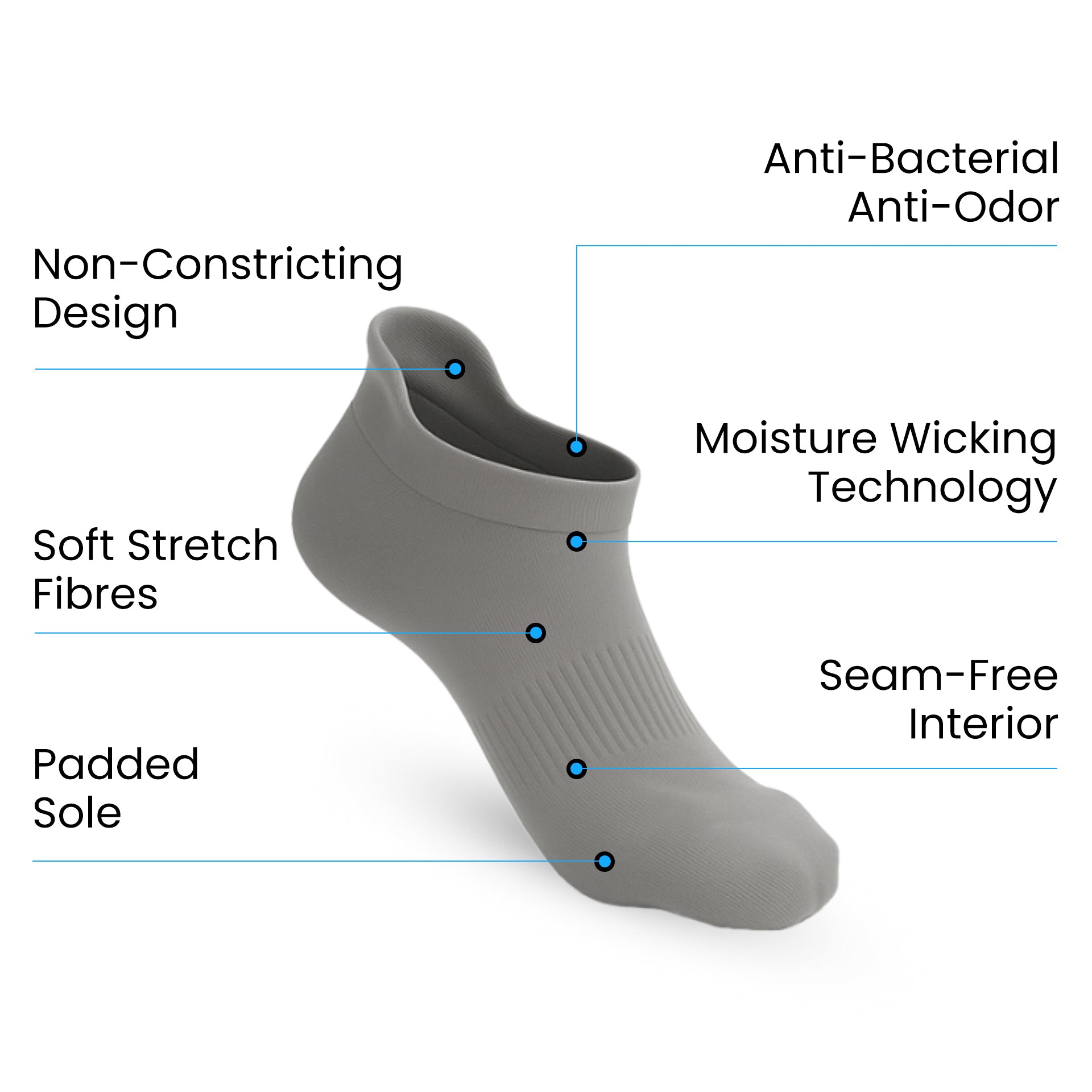 Padded Extra-Stretch Ankle Socks for Wide Feet, Swelling and All-Day Comfort - Grey
