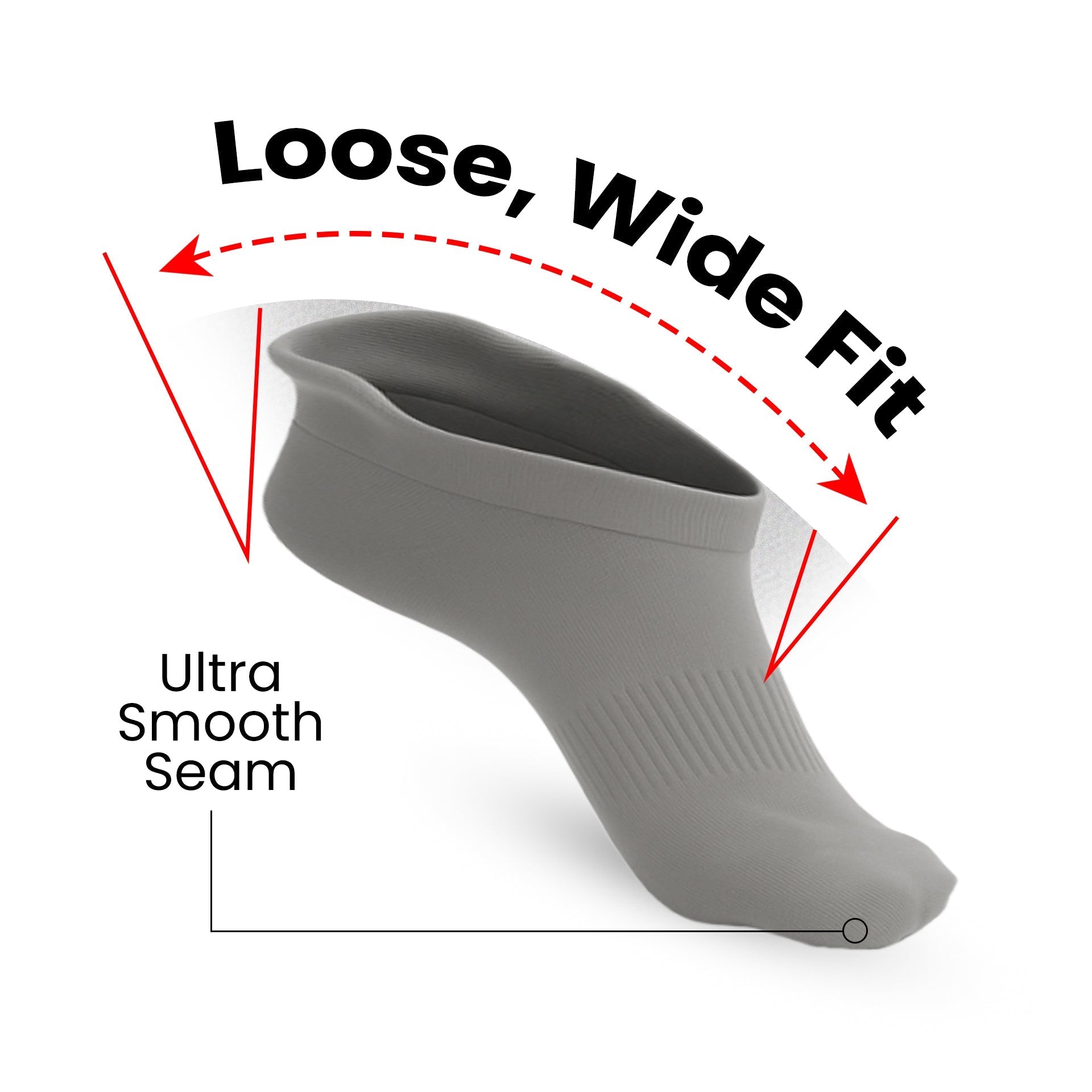 Padded Extra-Stretch Ankle Socks for Wide Feet, Swelling and All-Day Comfort - Grey