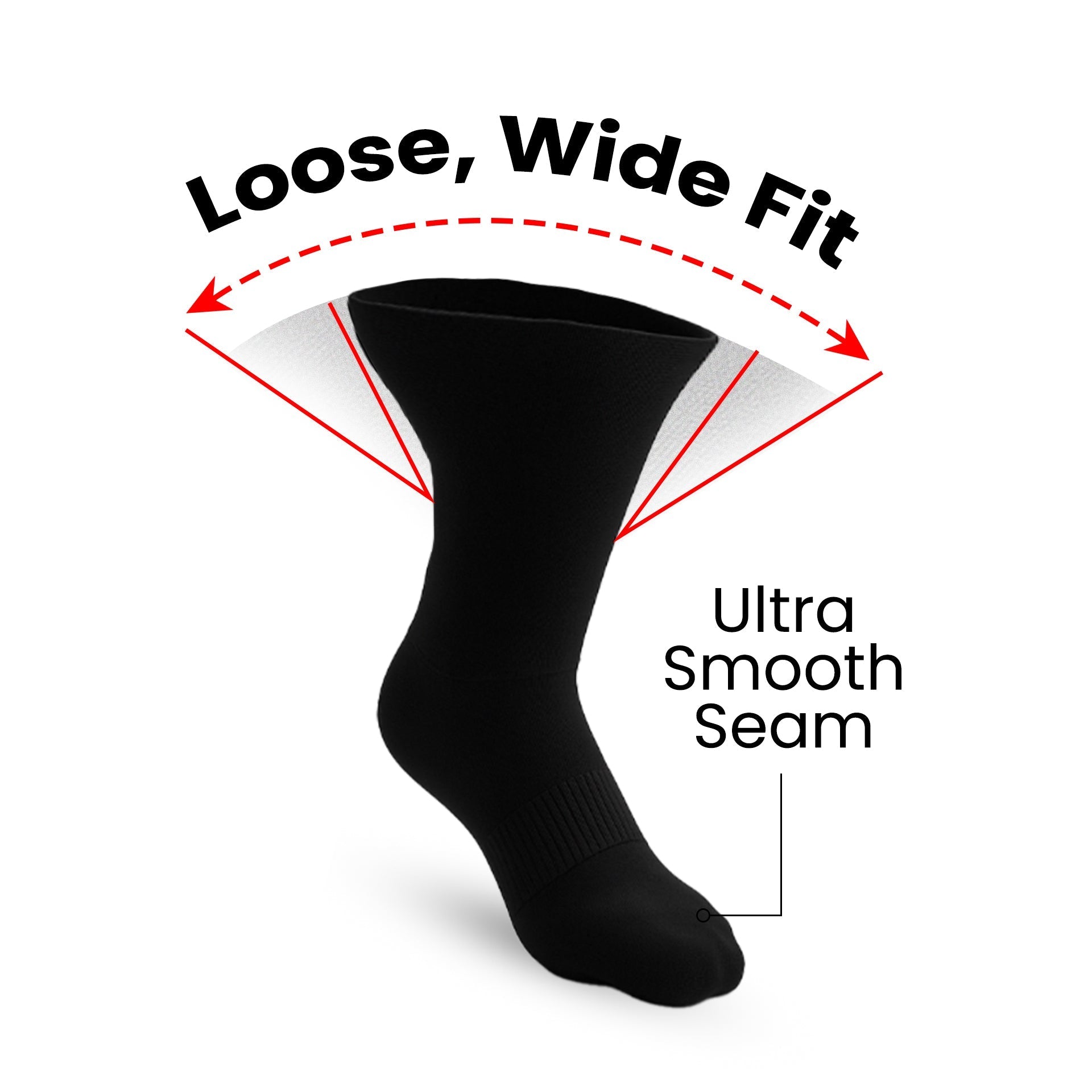 10-Pack Padded Extra-Stretch Crew Socks for Wide Feet and All-Day Comfort - Black