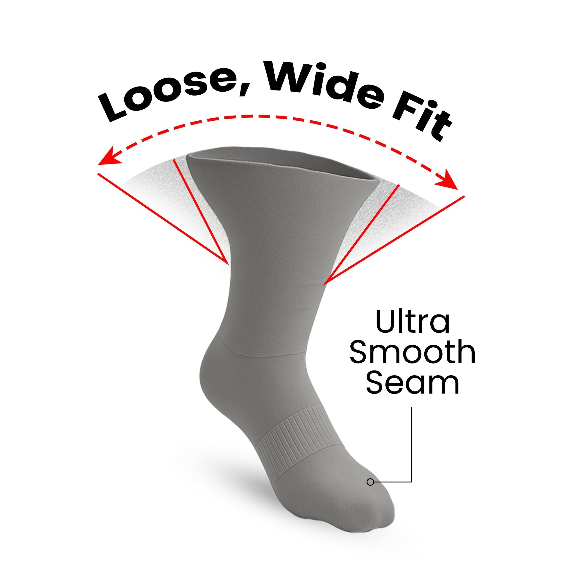 10-Pack Padded Extra-Stretch Crew Socks for Wide Feet and All-Day Comfort - Grey