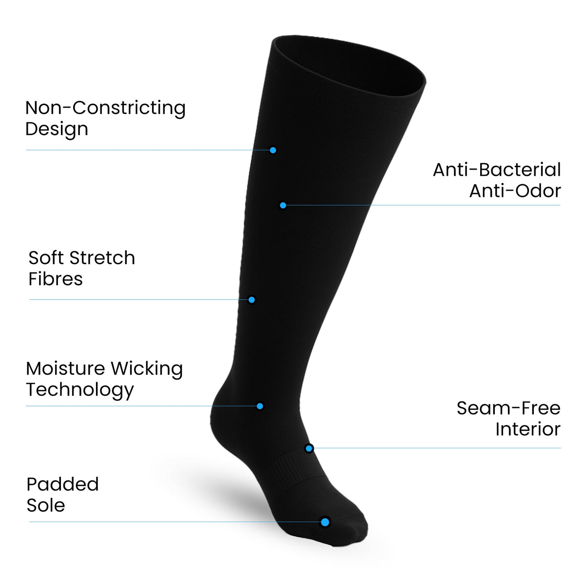 Padded Extra-Stretch Knee Socks for Wide Feet, Swelling and All-Day Comfort - Black