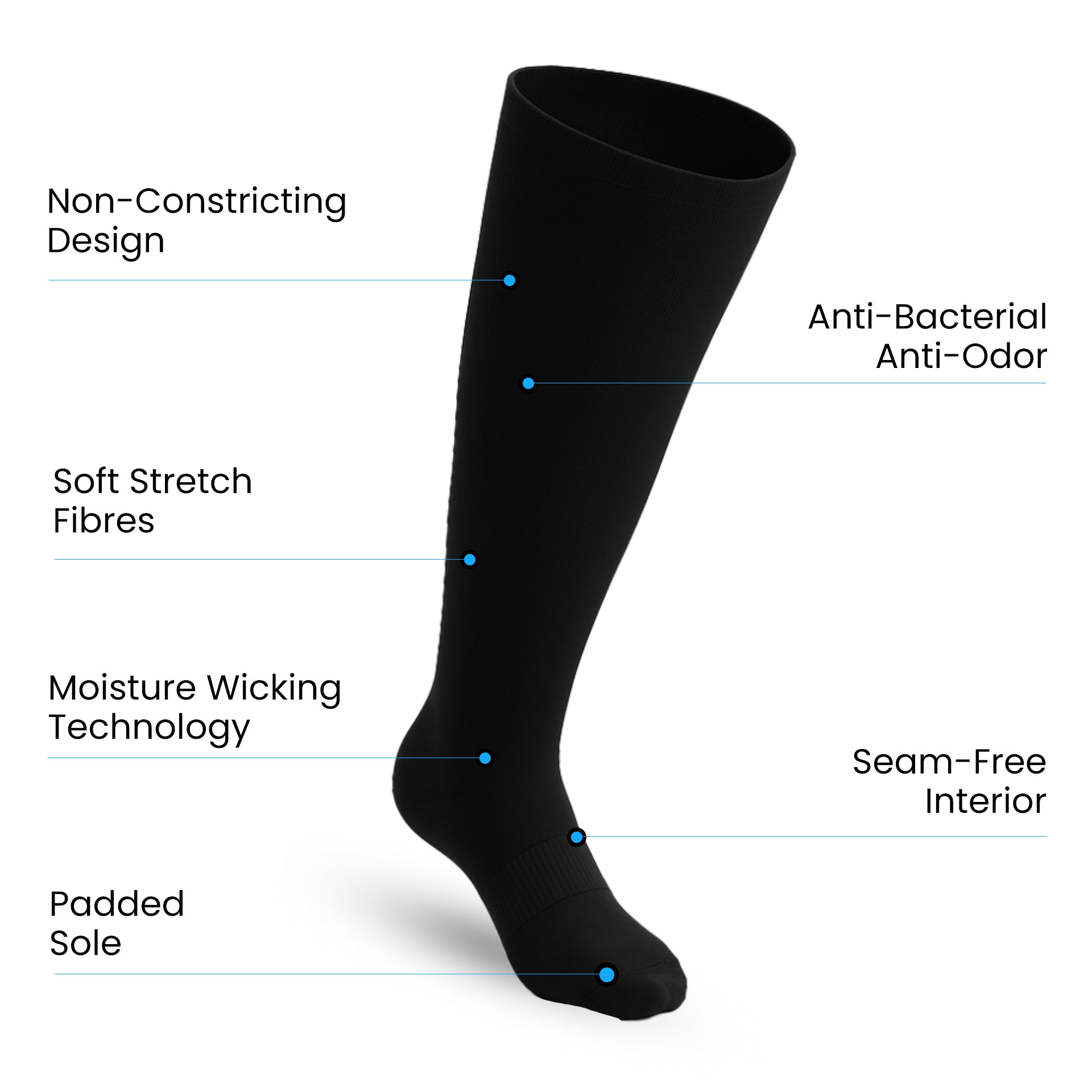 Padded Extra-Stretch Knee Socks for Wide Feet, Swelling and All-Day Comfort - Black