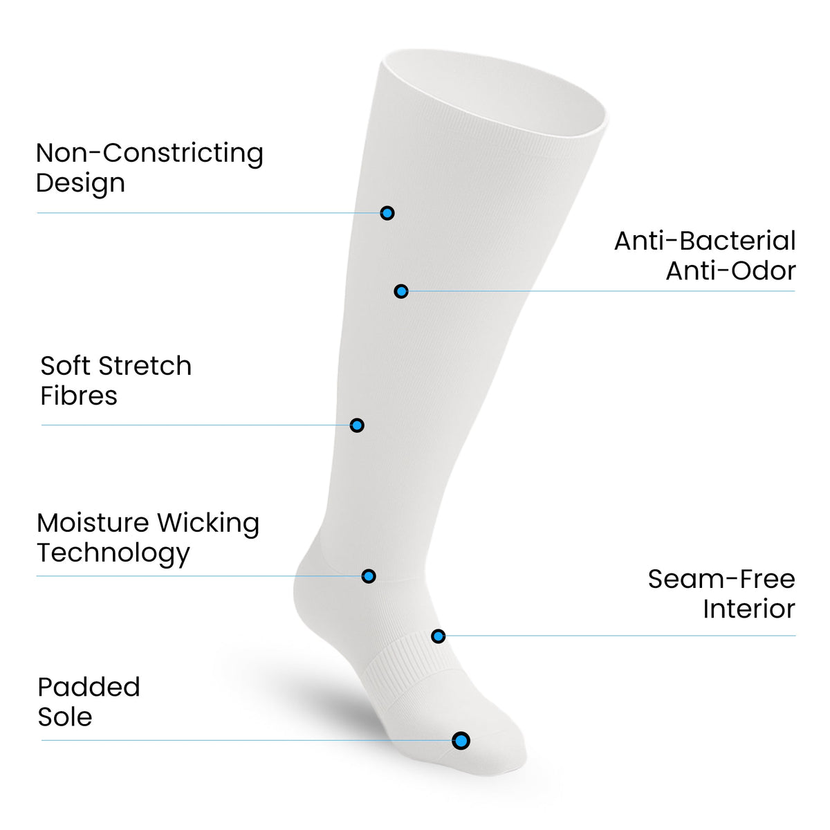 Padded Extra-Stretch Knee Socks for Wide Feet, Swelling and All-Day Comfort - White